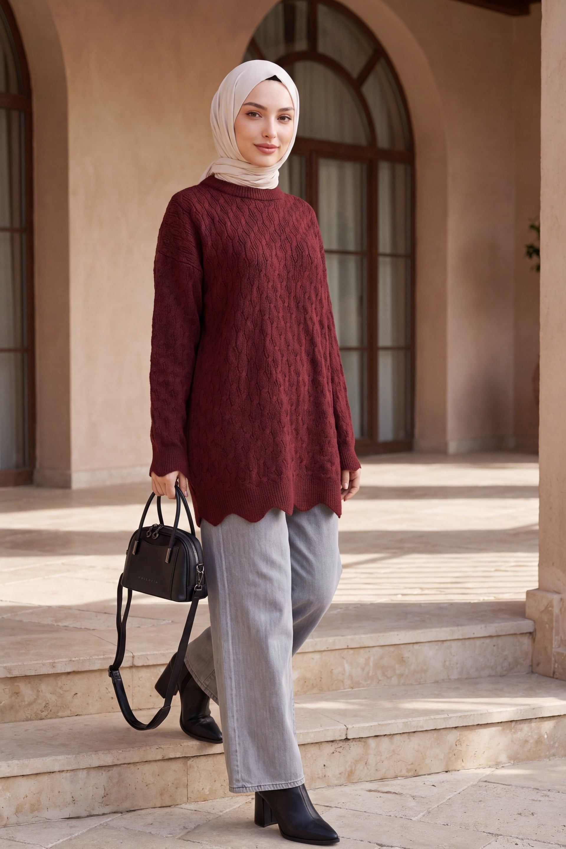 Chain Pattern Crew Neck Loose Fit Knit Tunic - Burgundy - Podyumplus - by Peralane - photo 4