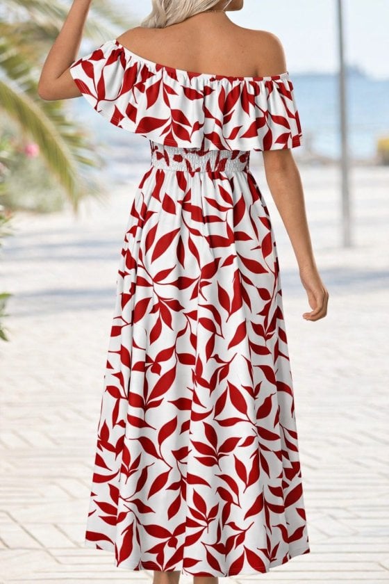 Women's Off-Shoulder Maxi Dress with Red Leaf Print - Janes - by Peralane - photo 2