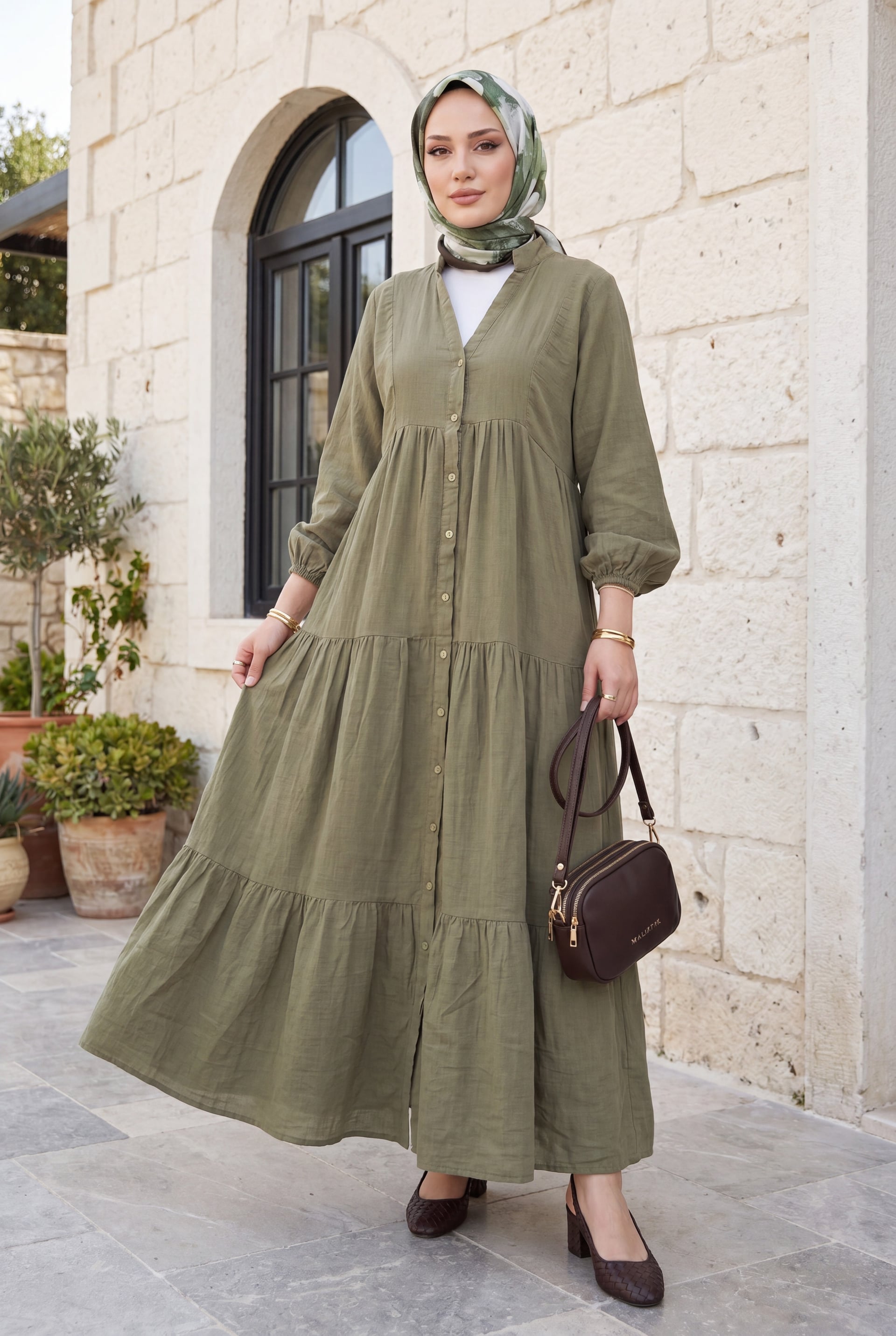 V-Neck Half-Button Long-Sleeve Tiered Muslin Dress - Olive Green - Podyumplus - by Peralane