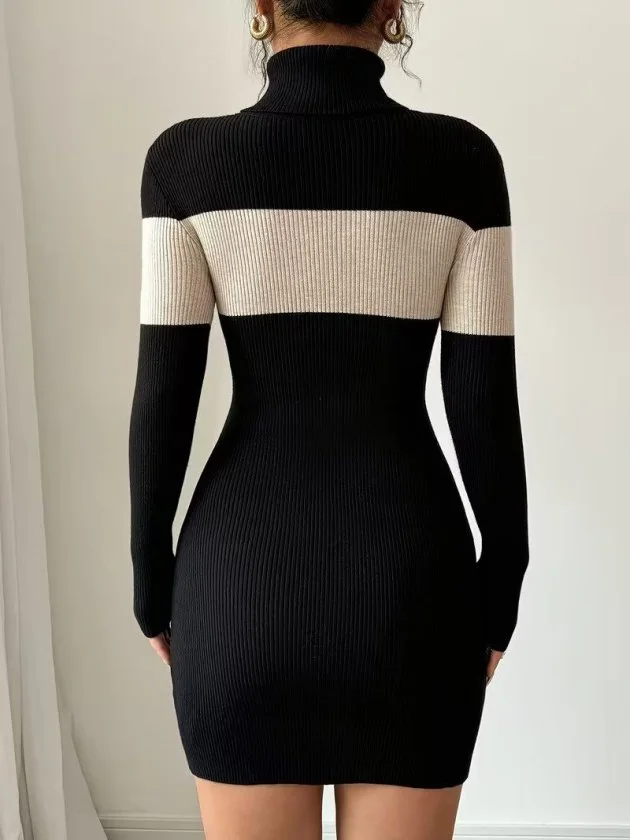 Women's Long-Sleeved Turtleneck Ribbed Knit Dress with Cream and Black Stripes - Janes - by Peralane - photo 10