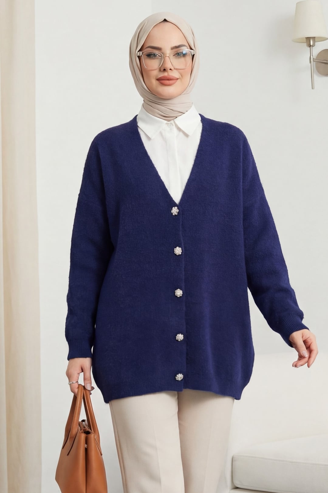 Navy Blue V-Neck Buttoned Slouchy Knit Cardigan - Podyumplus - by Peralane - photo 3