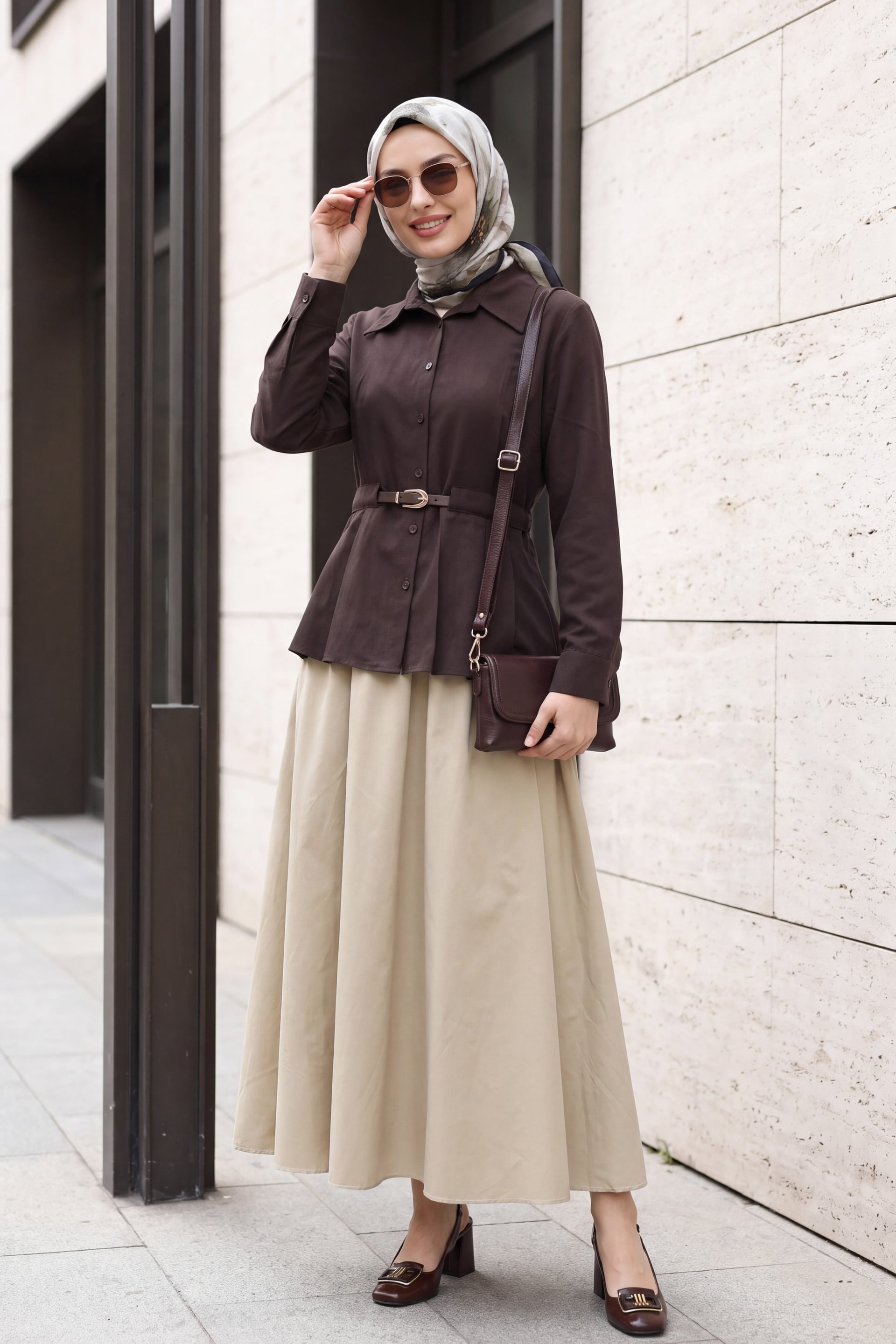 Belted Pleated Long-Sleeve Blouse - Dark Brown - Podyumplus - by Peralane - photo 3