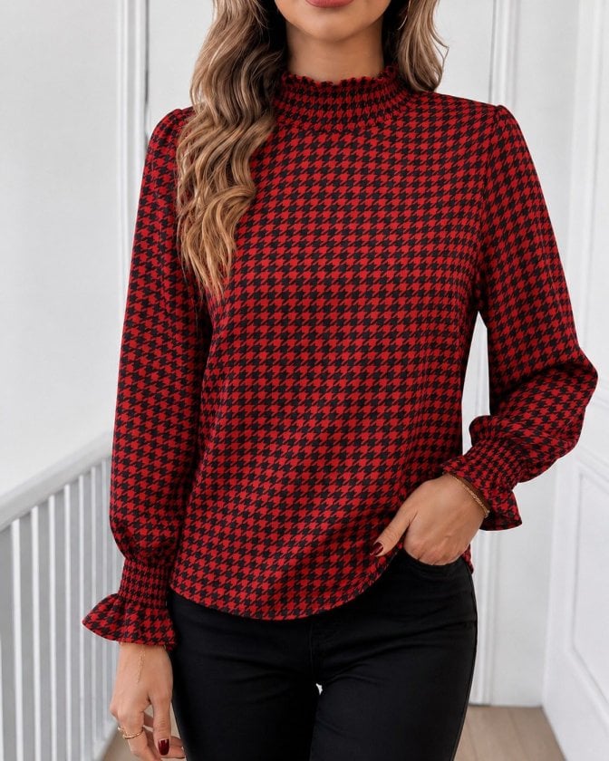 Women's Long Sleeve Mock Neck Patterned Modal Blouse - Janes - by Peralane