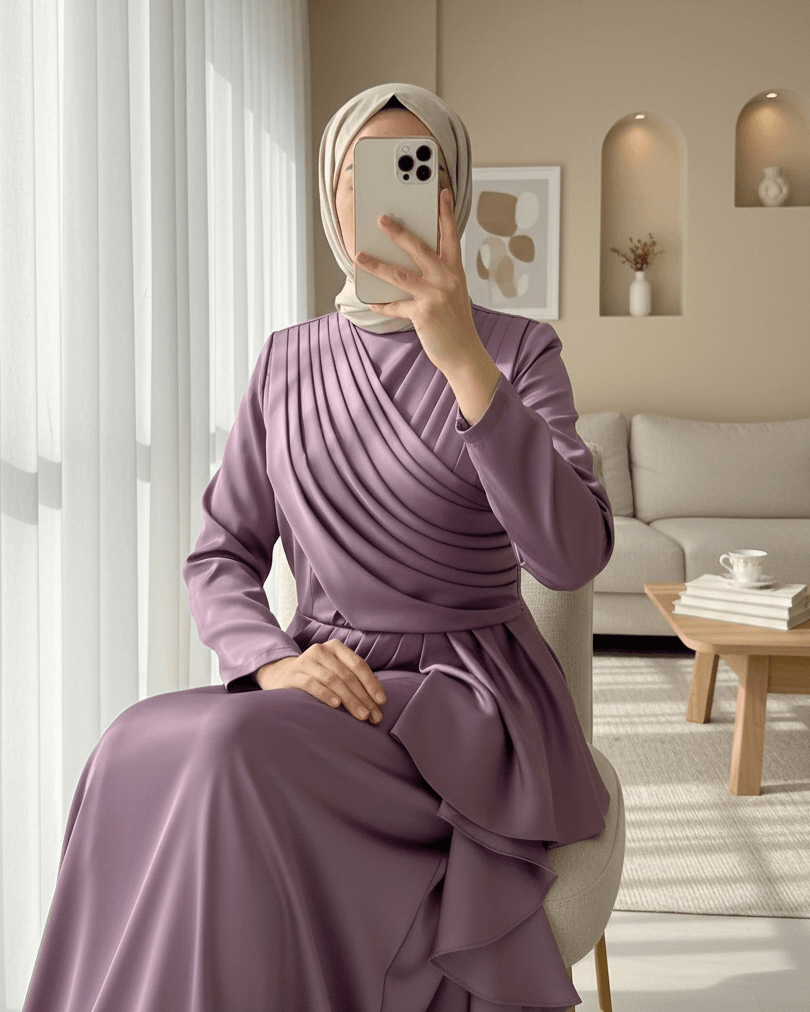 Lavender Draped Front Ruffled Hem Satin Evening Dress - Podyumplus - by Peralane
