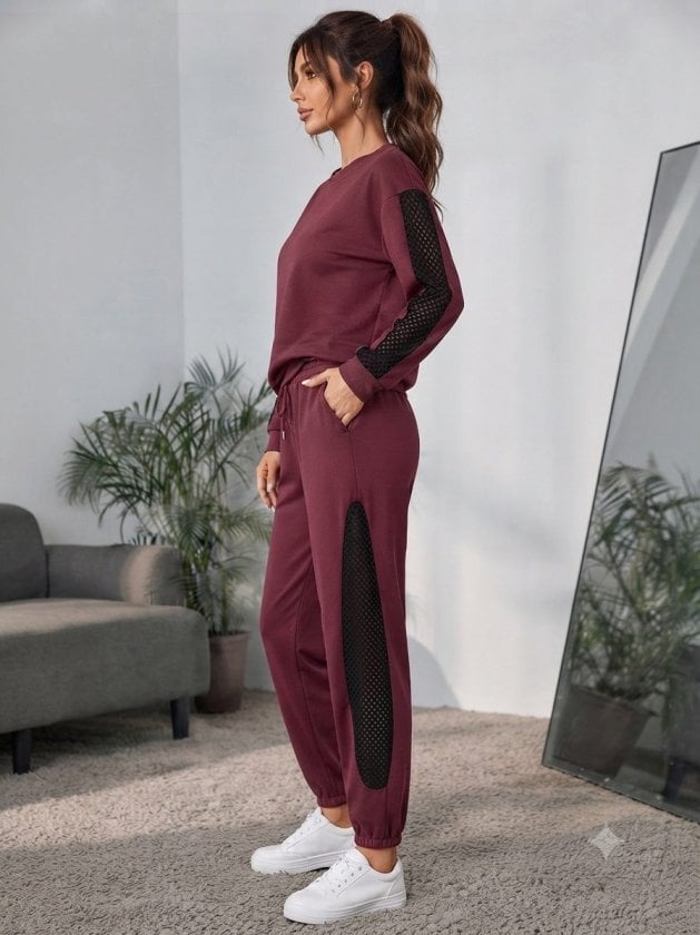 Women's Long Sleeve Crew Neck Mesh Tulle Detail Viscose Two-Thread Blouse and Trousers Two-Piece Set - Janes - by Peralane - photo 3