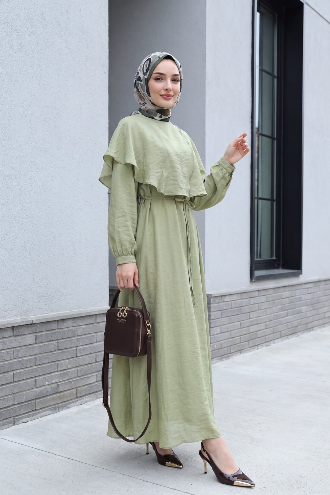 Cape Collar Lined Belted Tulle Modal Dress in Light Green - Podyumplus - by Peralane - photo 2