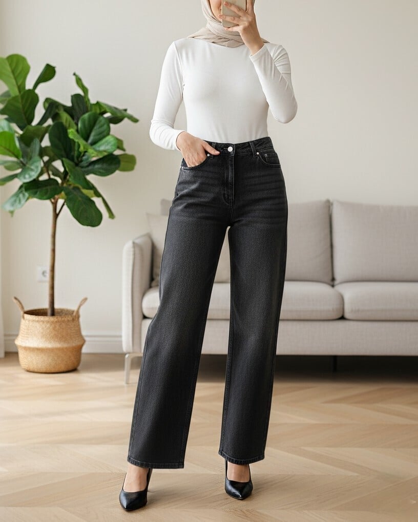 High Waist Stretch Denim Wide Leg Trousers - Black - Podyumplus - by Peralane - photo 4