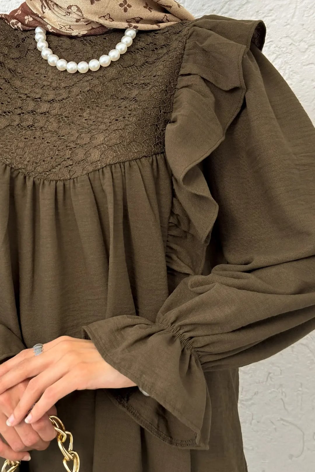 Ruffled Shoulder Poplin Tunic with Lace Yoke - Brown - Podyumplus - by Peralane - photo 5