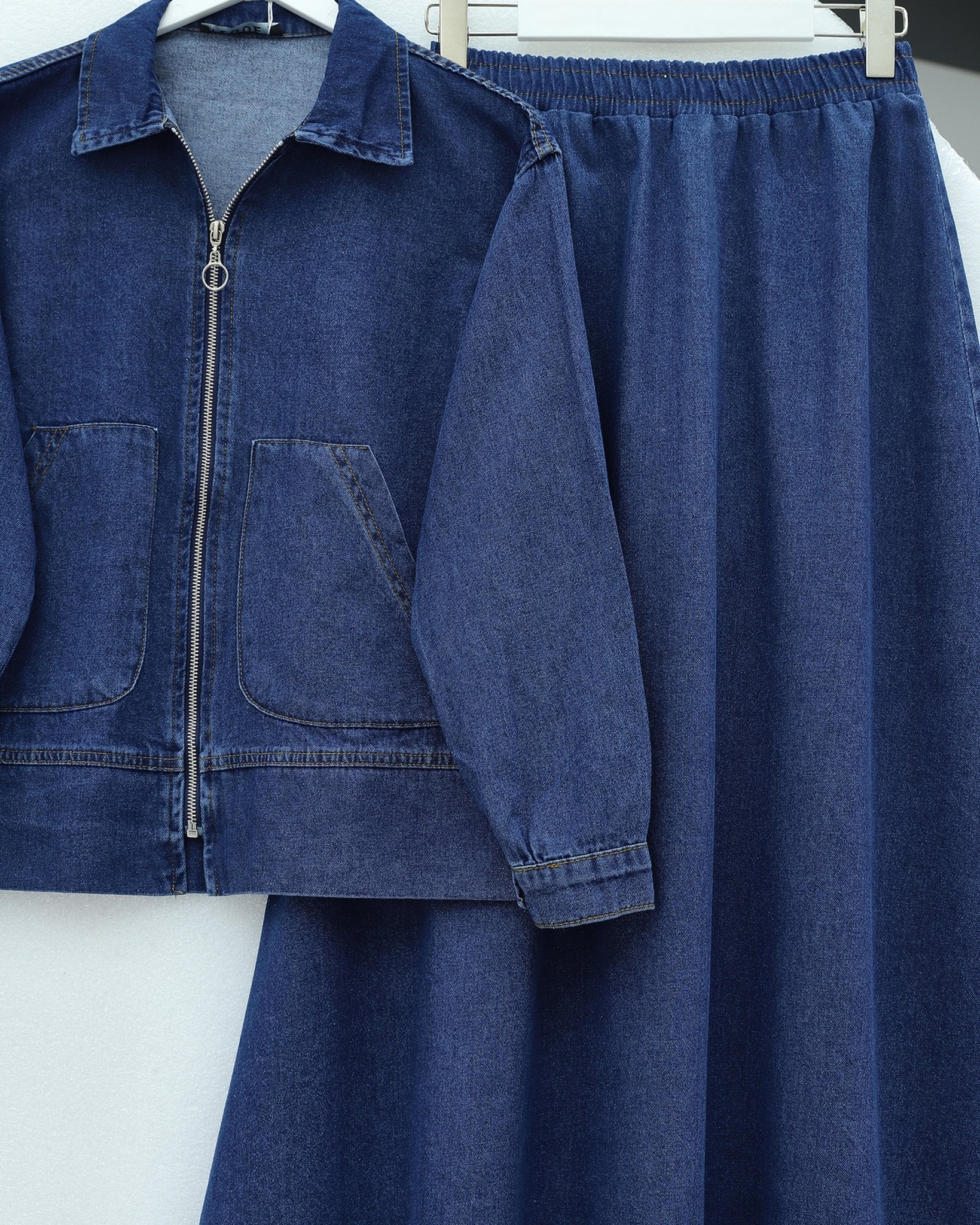Zip-Up Denim Jacket and Skirt Set - Indigo - Podyumplus - by Peralane - photo 8