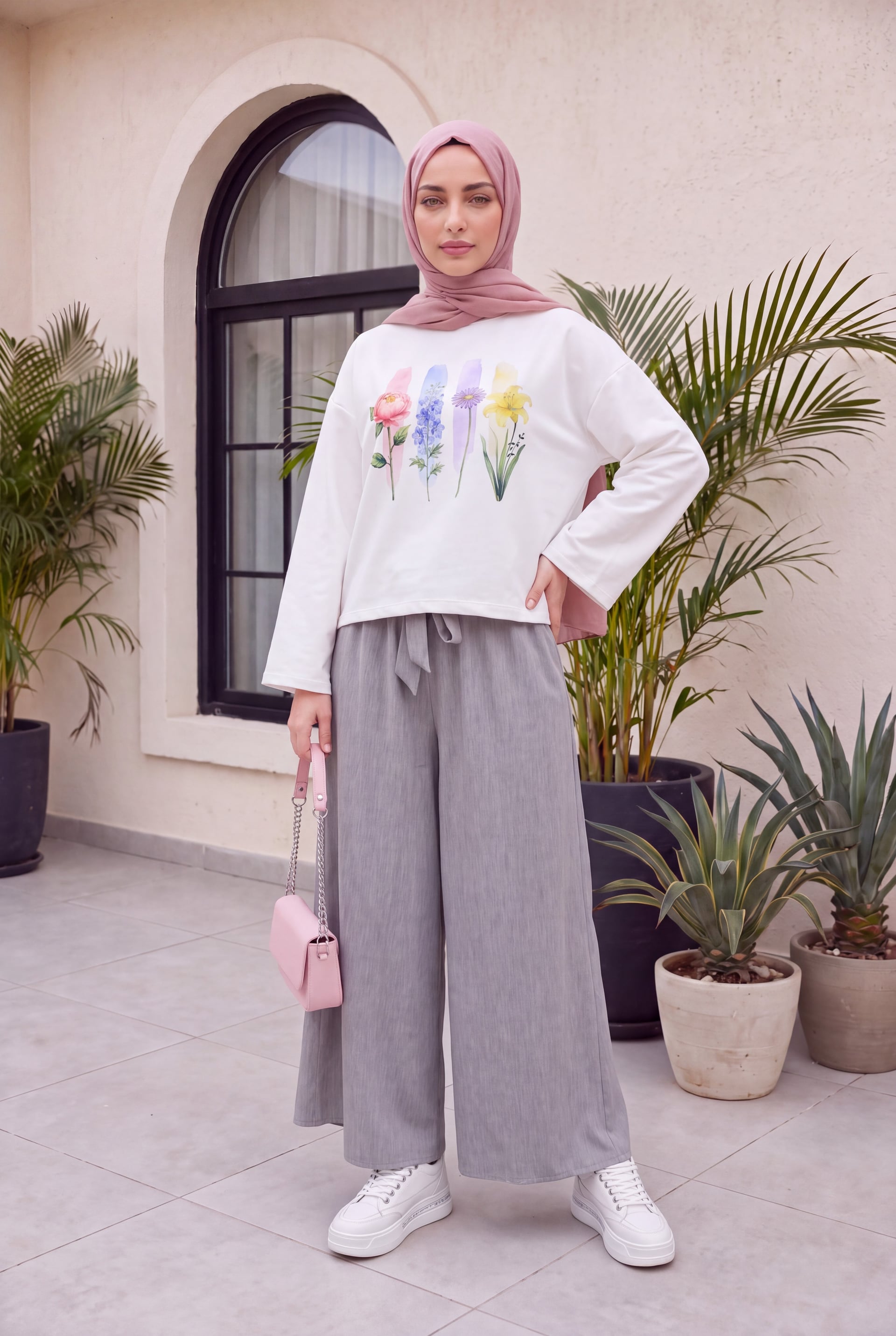 Grey Floral Print Skirt-Look Wide-Leg Trousers with Belt and Pockets - Podyumplus - by Peralane - photo 3