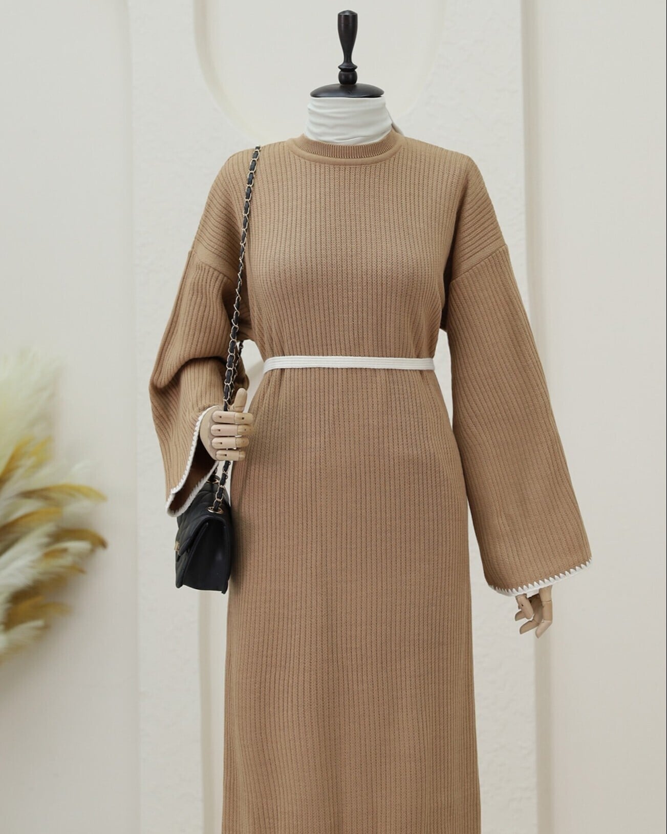 Embroidered Lace-Up Ribbed Knit Dress with Bell Sleeves - Camel Brown - Podyumplus - by Peralane - photo 5