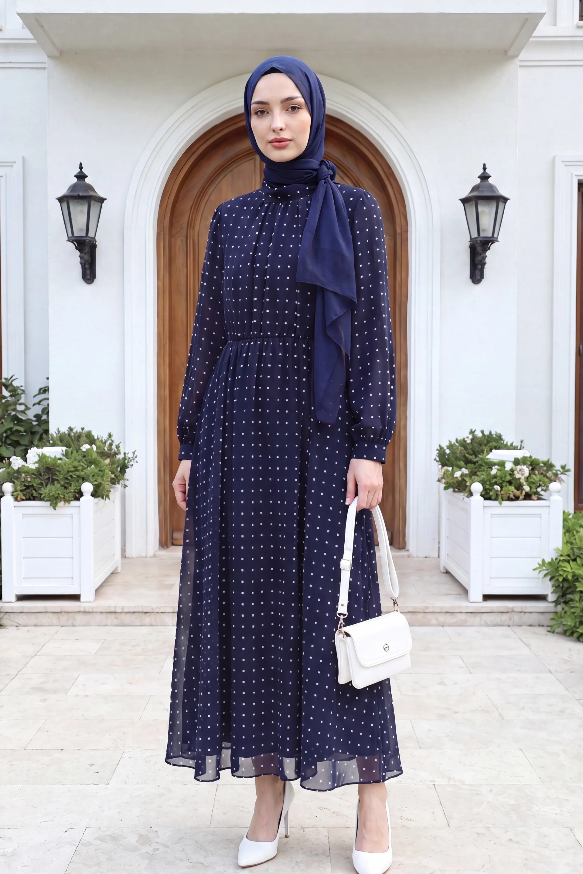Navy Blue Polka Dot Long Sleeve Midi Dress with Elastic Waist - Podyumplus - by Peralane - photo 3