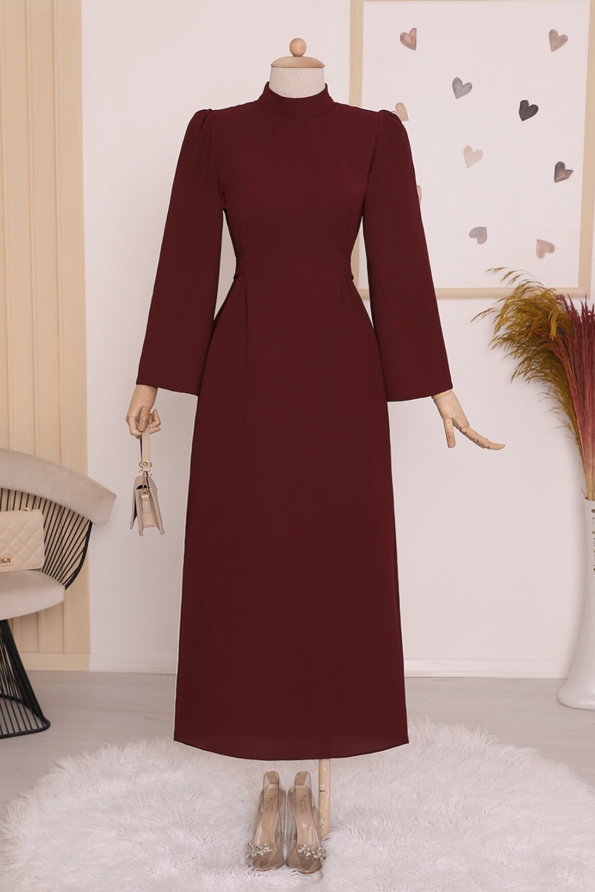 Burgundy Long-Sleeve Wrap Dress with High Neck and Wide Cuffs - Podyumplus - by Peralane - photo 5
