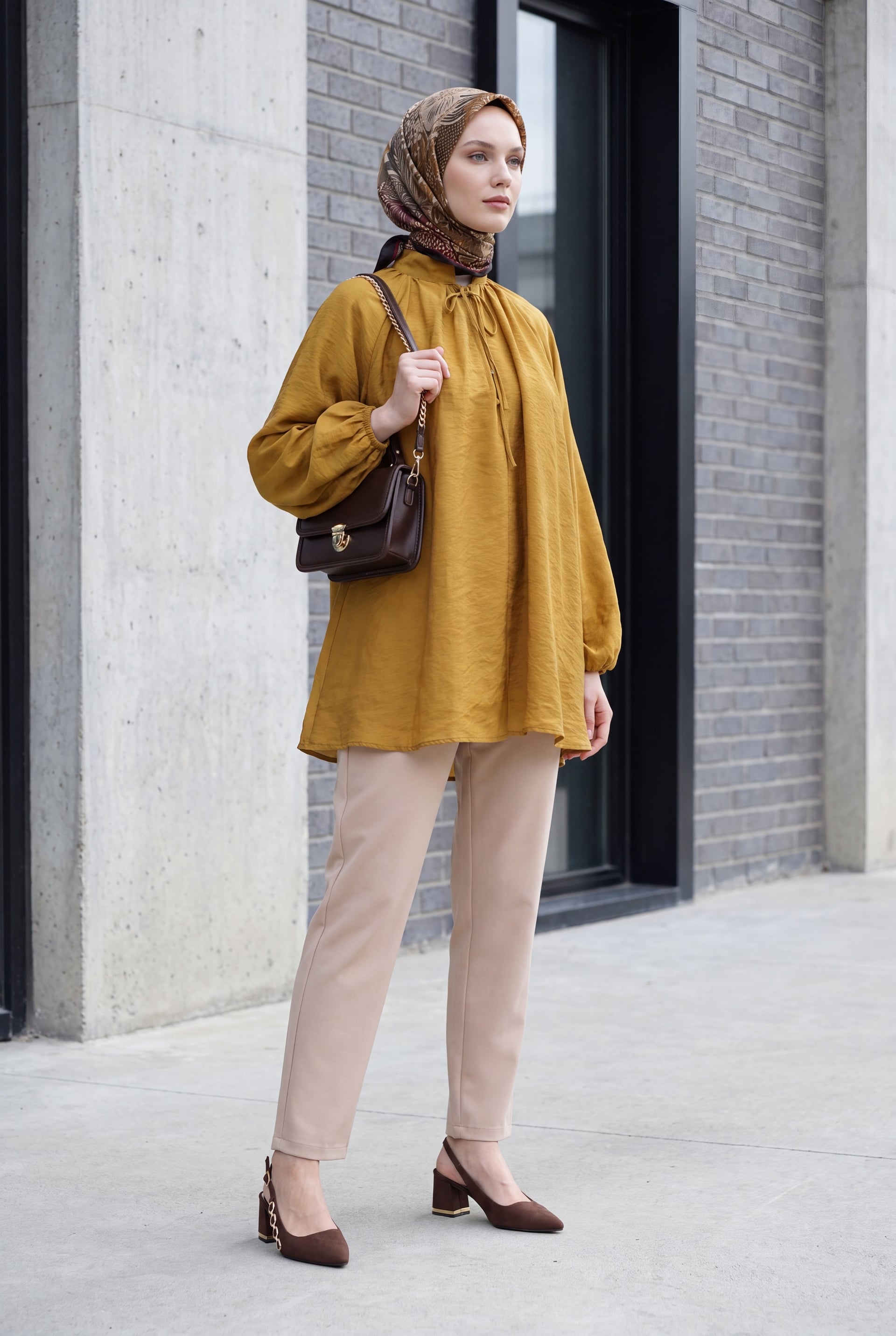 Tie-Front Half-Button Lined Oversize Tulle Voile Blouse - Tan - Podyumplus - by Peralane - photo 3