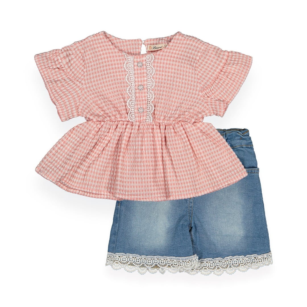 Girls' Gingham Top and Denim Shorts Set - Blue - Busra Bebe - by Peralane