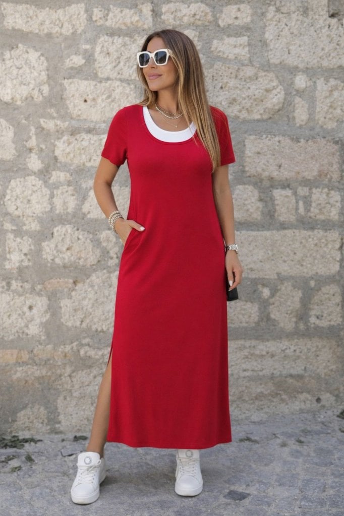 Women's Red Short Sleeve Maxi Dress with Camisole Look and Side Slits - Janes - by Peralane - photo 4