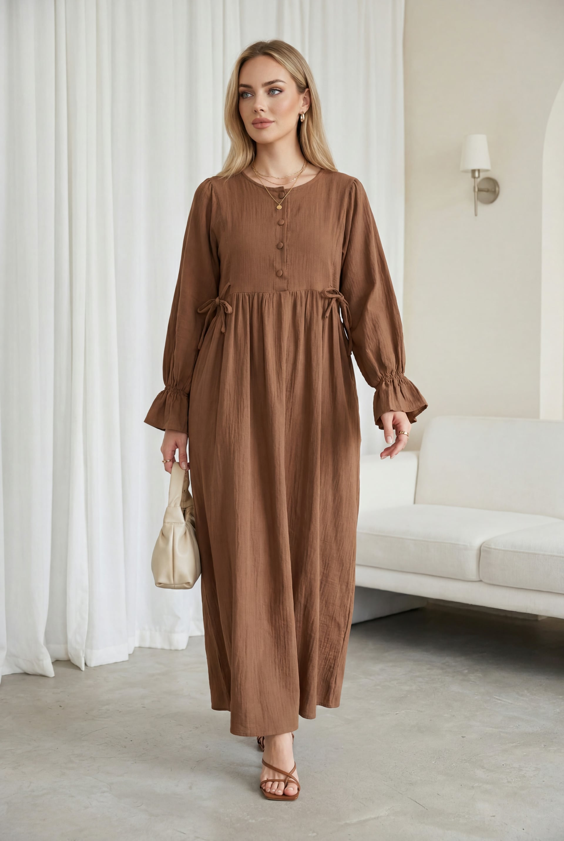Half Button Long Sleeve Tie Waist Muslin Dress - Light Brown - Podyumplus - by Peralane - photo 2