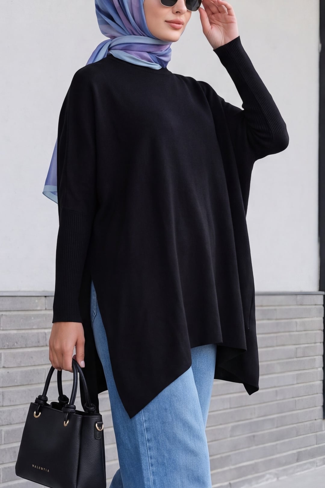 Black Oversize Pancho Knit Sweater with Side Slits - Bigdart - by Peralane