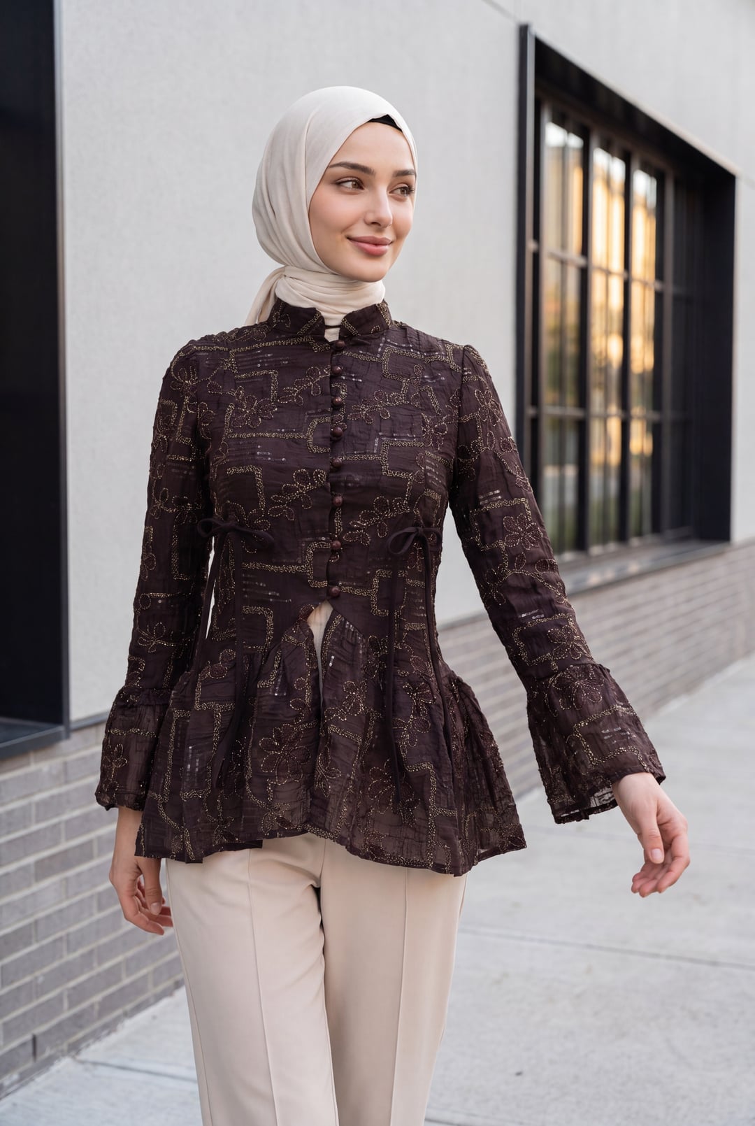 Dark Purple High Neck Button Front Lined Frilled Poliviscose Tunic - Podyumplus - by Peralane - photo 13