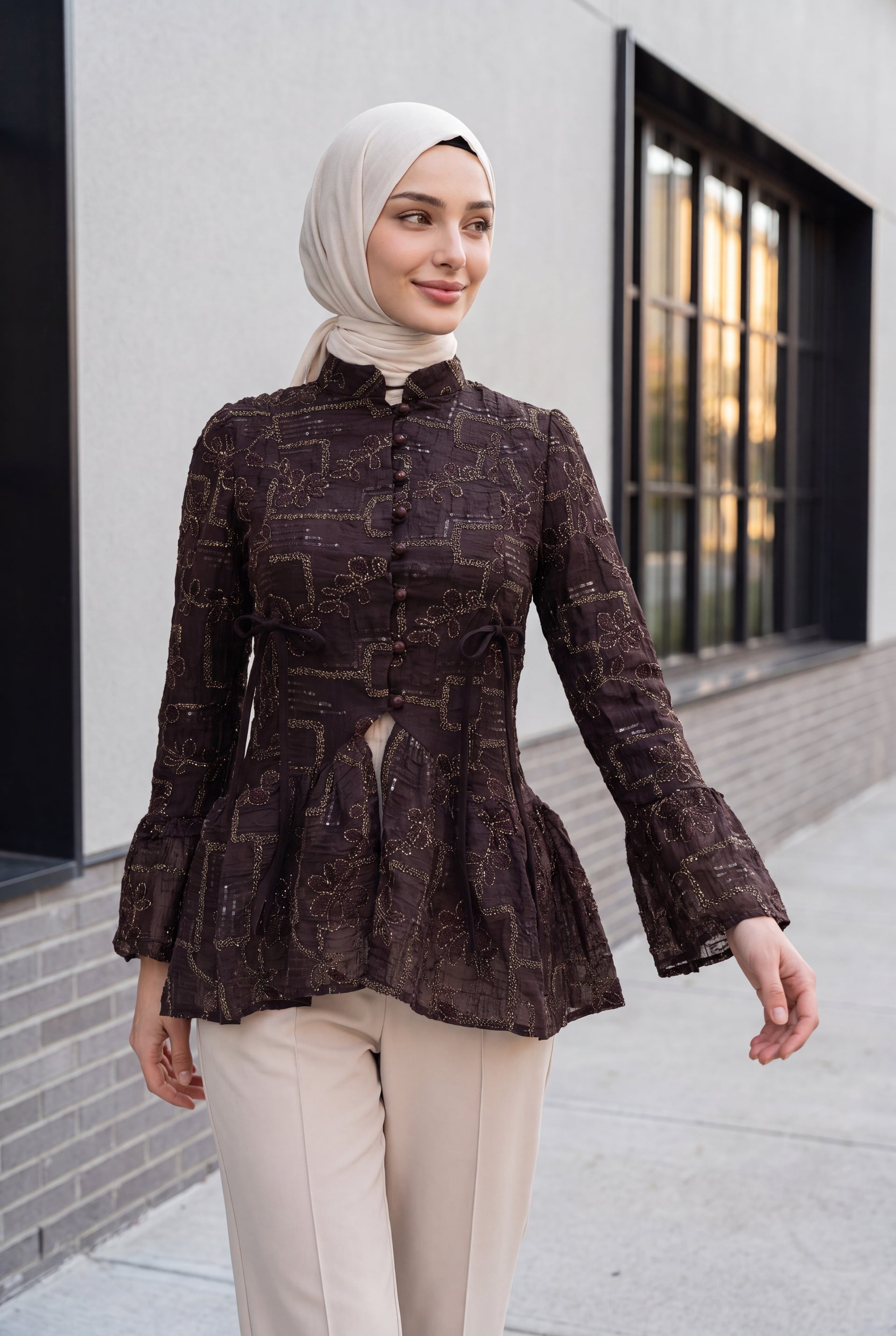 Dark Purple High Neck Button Front Lined Frilled Poliviscose Tunic - Podyumplus - by Peralane - photo 13