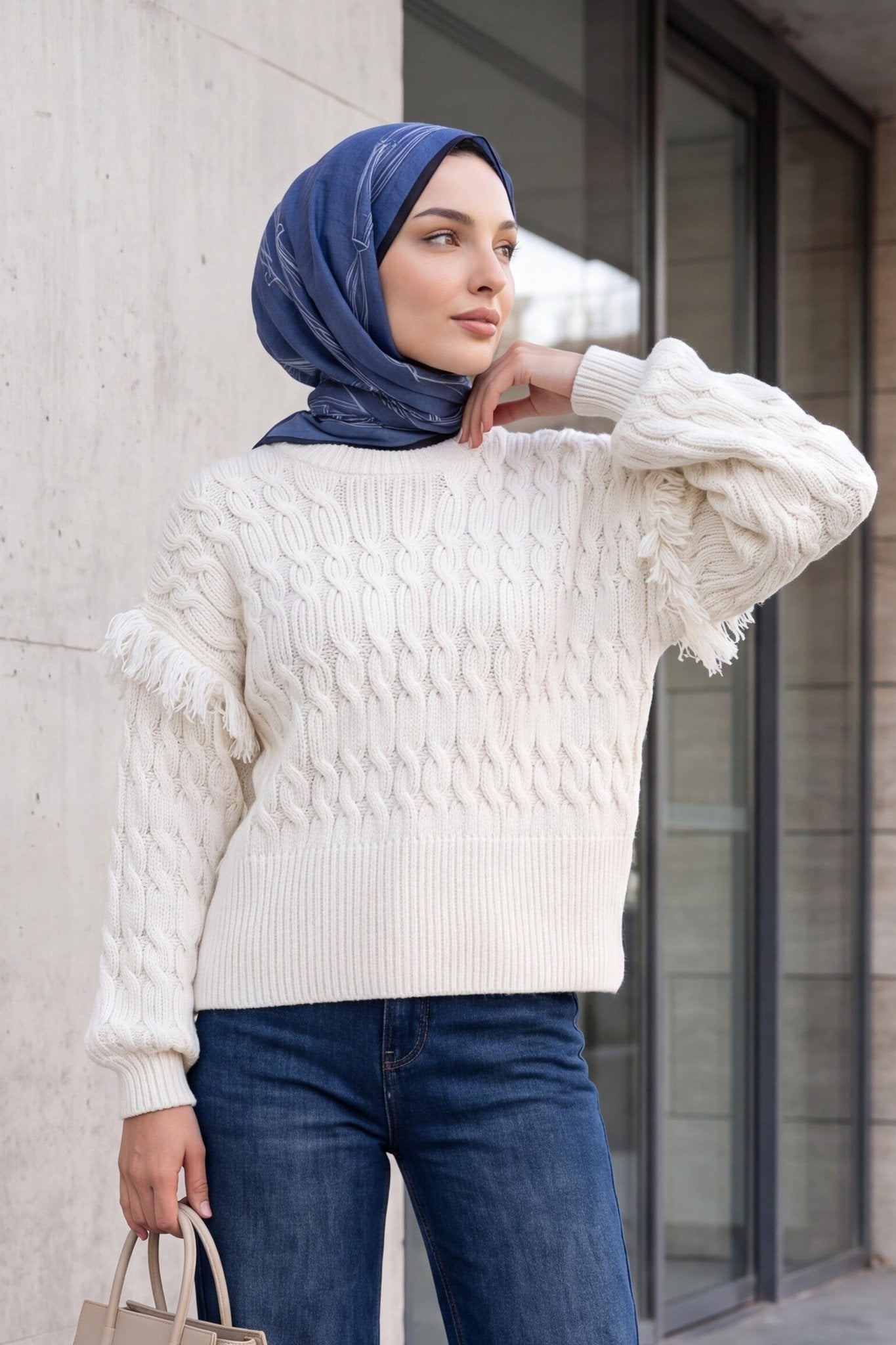 Cream Fringe Detail Balloon Sleeve Cable Knit Sweater - Podyumplus - by Peralane - photo 2