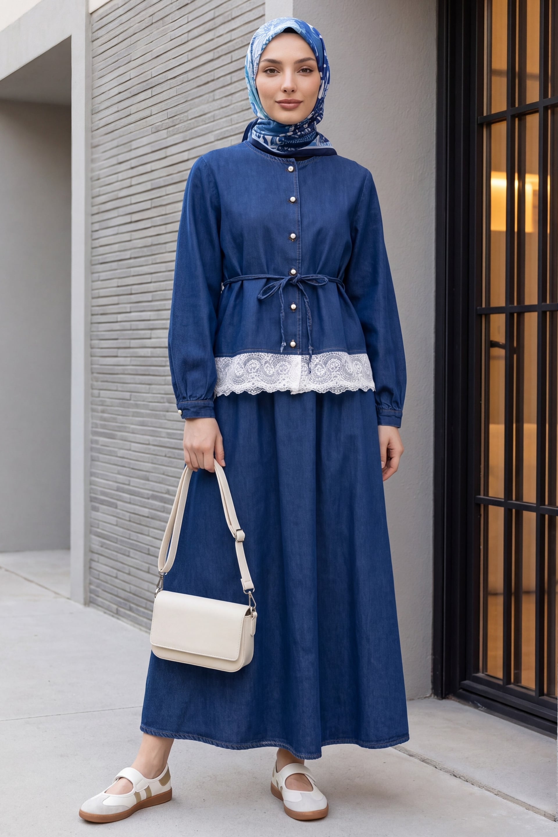 Round Neck Lace Trim Belted Button Front Denim Skirt Set - Indigo - Podyumplus - by Peralane - photo 2