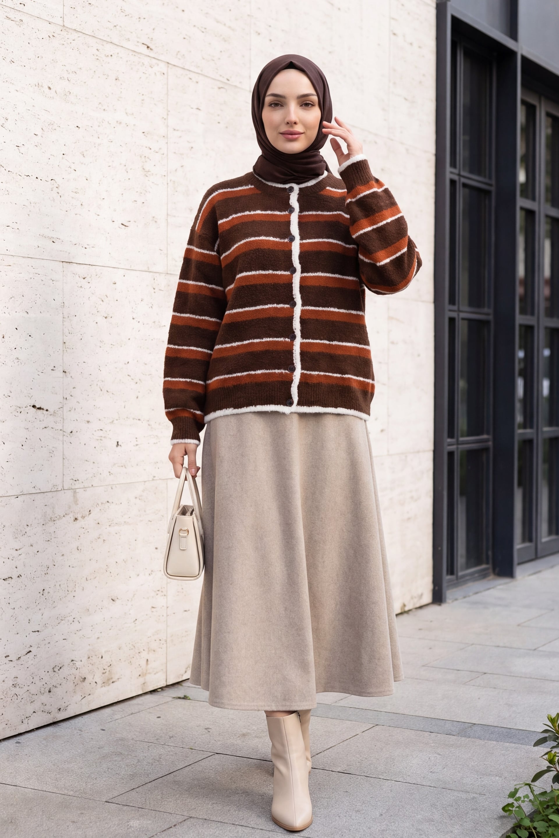 Round Neck Striped Knit Cardigan - Rust - Podyumplus - by Peralane - photo 3