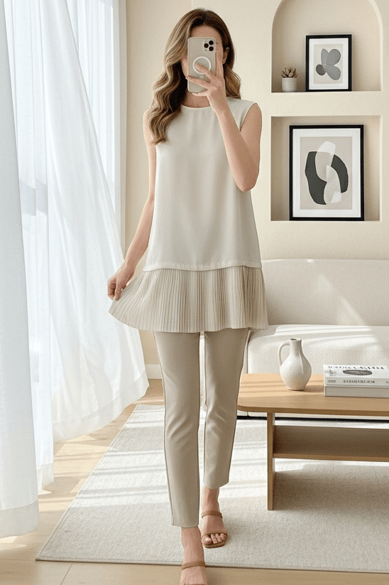 Sleeveless Modal Tunic and Trousers Set - Beige - Podyumplus - by Peralane