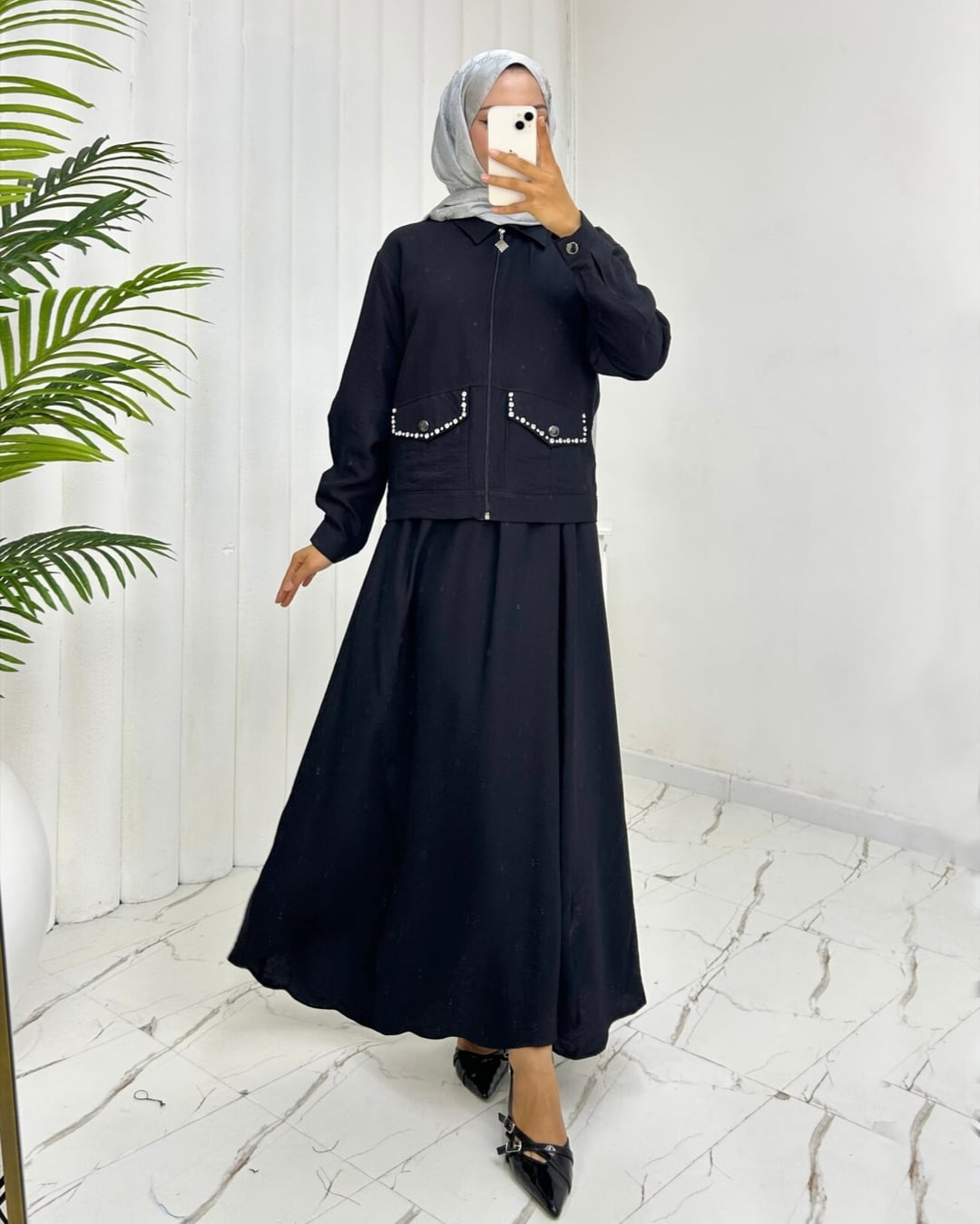 Black Zip-Front Jacket and Elastic Waist Skirt Modest Set - Podyumplus - by Peralane - photo 3