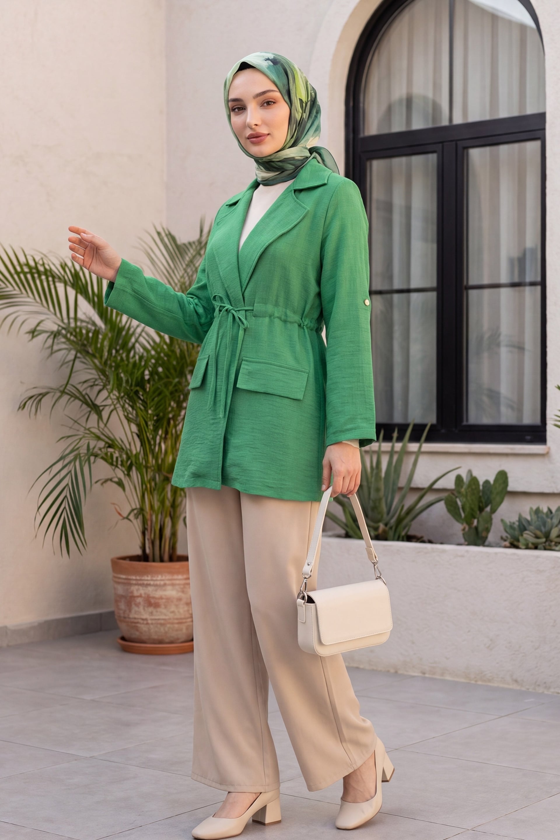 Tunnel Lace Pocket Detail Linen Look Kimono - Light Green - Podyumplus - by Peralane - photo 4