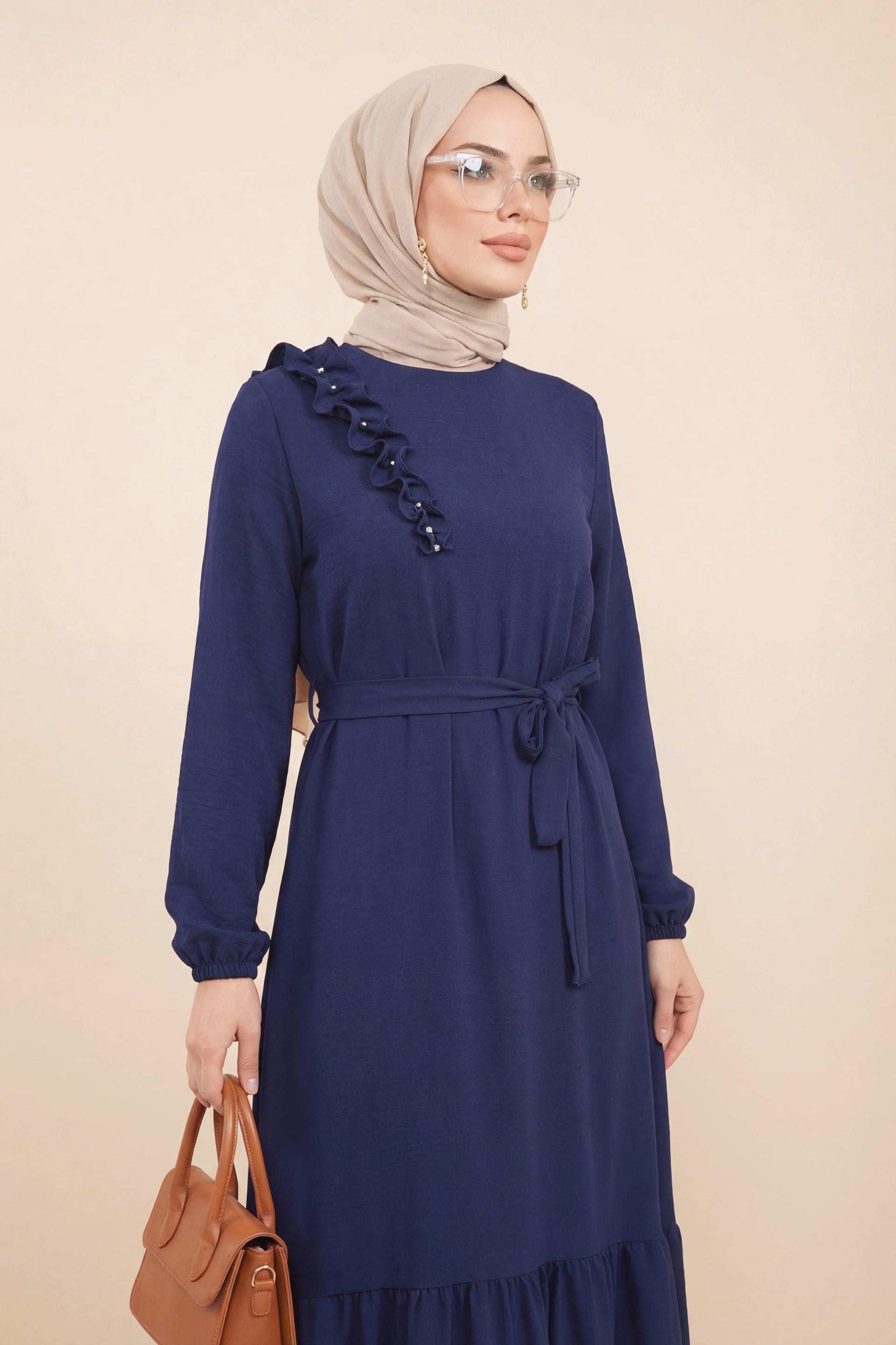 Navy Blue Ruffled Stone Detail Tiered Belted A-Line Dress - Podyumplus - by Peralane - photo 2