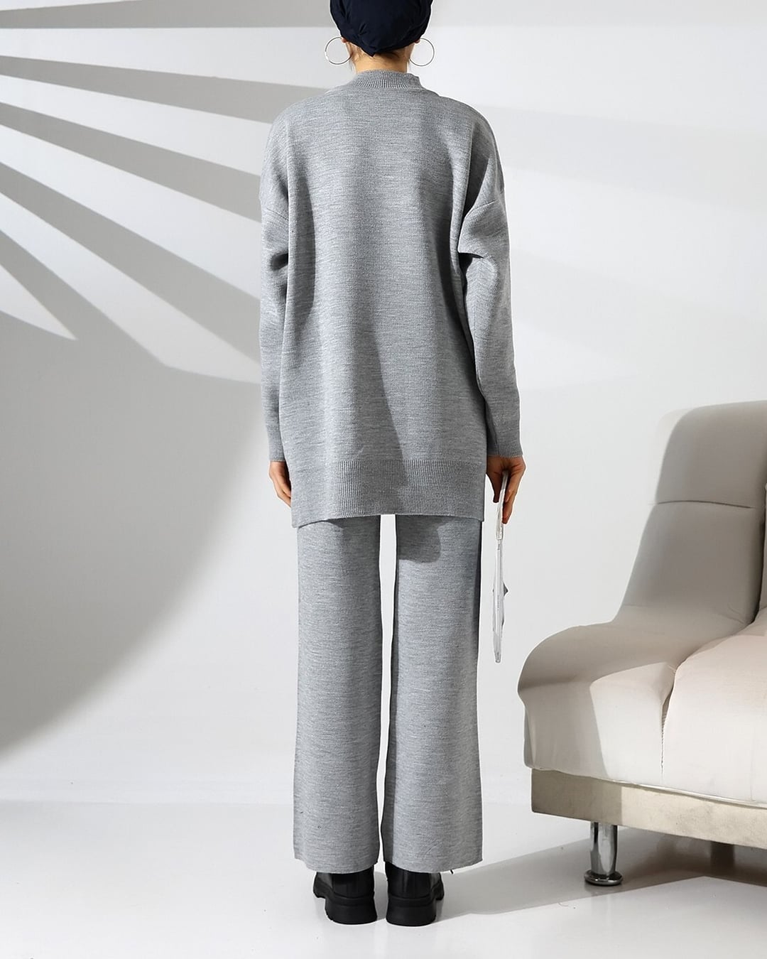 Grey Knit Lounge Set with Denim Pocket and Beaded Detail - Podyumplus - by Peralane - photo 4