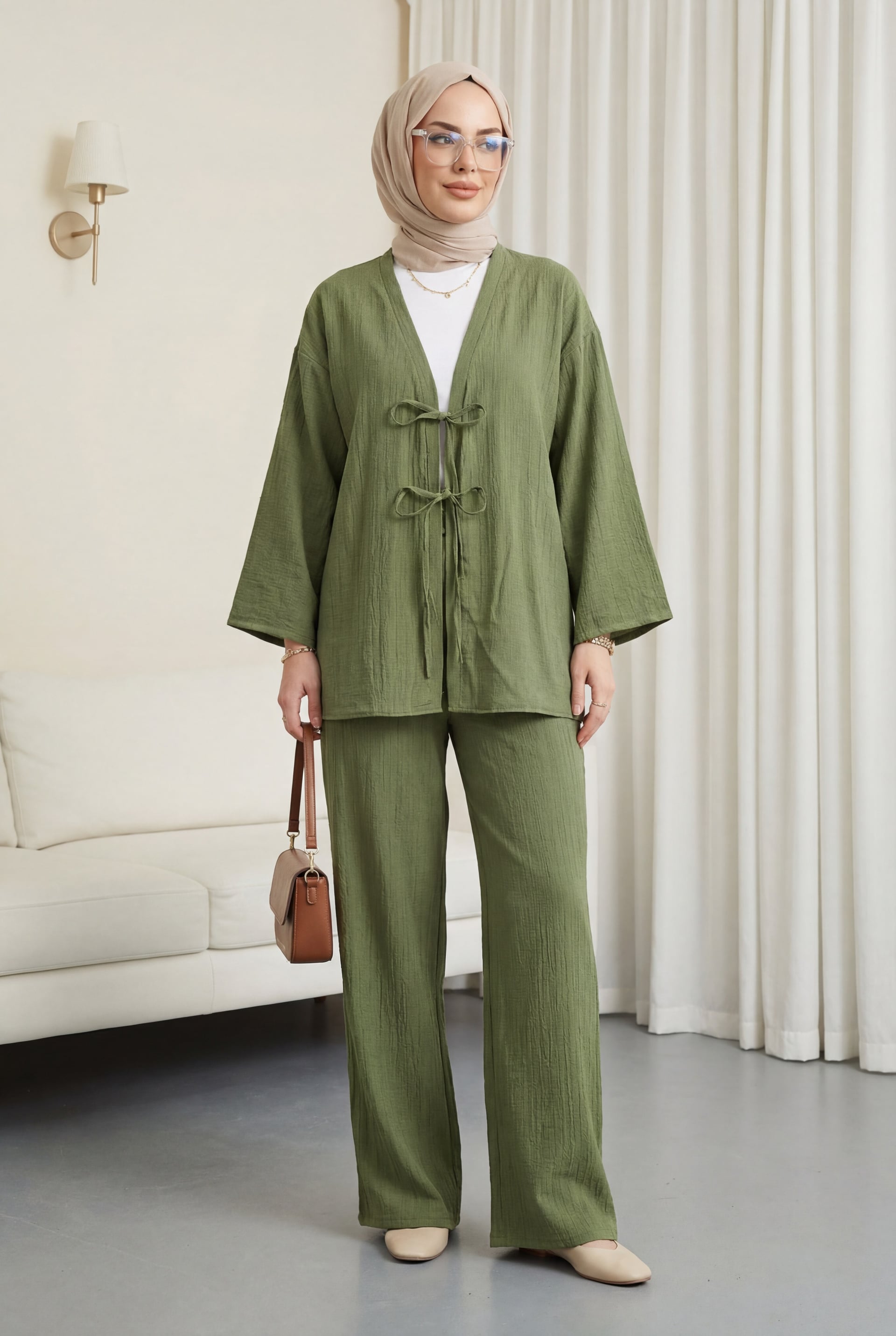 Crinkle Two-Piece Set with Double Tie Front and Wide-Leg Trousers - Olive Green - Podyumplus - by Peralane