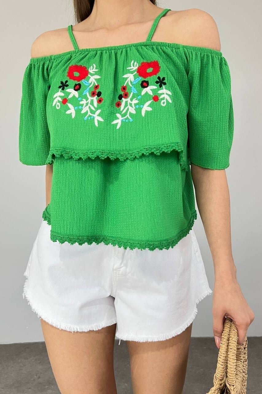 Green Off-Shoulder Embroidered Blouse - Podyumplus - by Peralane