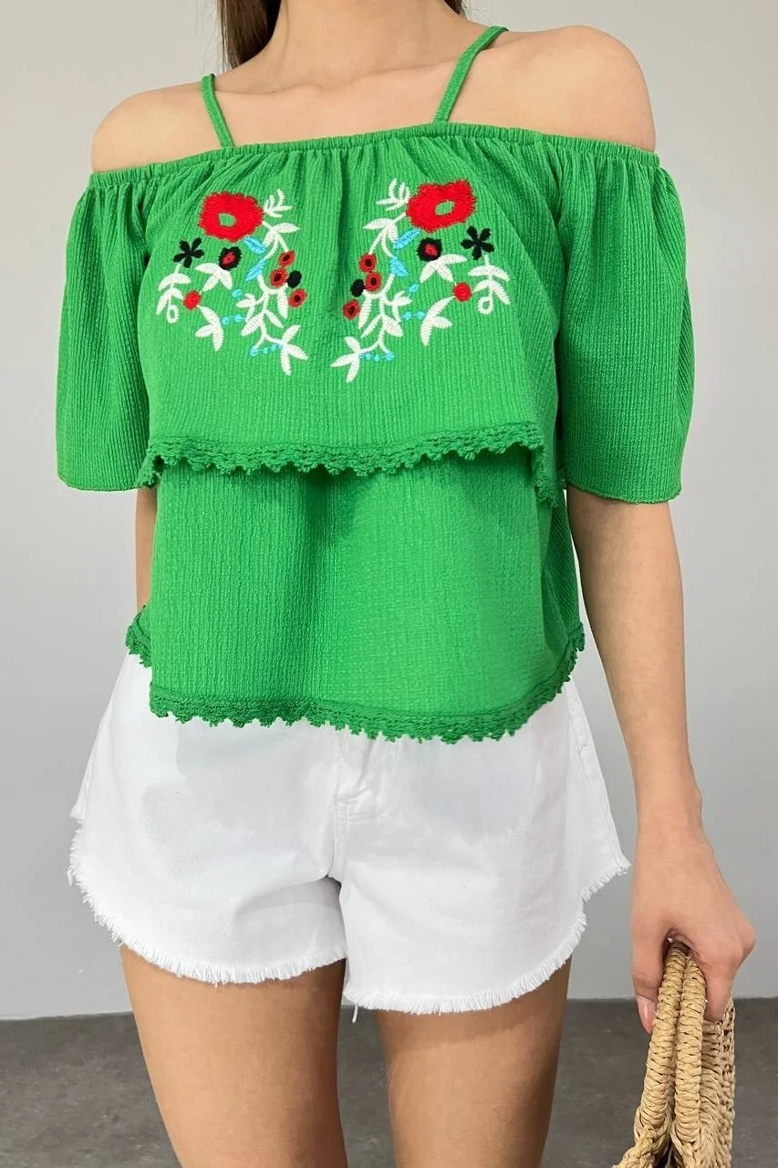 Green Off-Shoulder Embroidered Blouse - Podyumplus - by Peralane