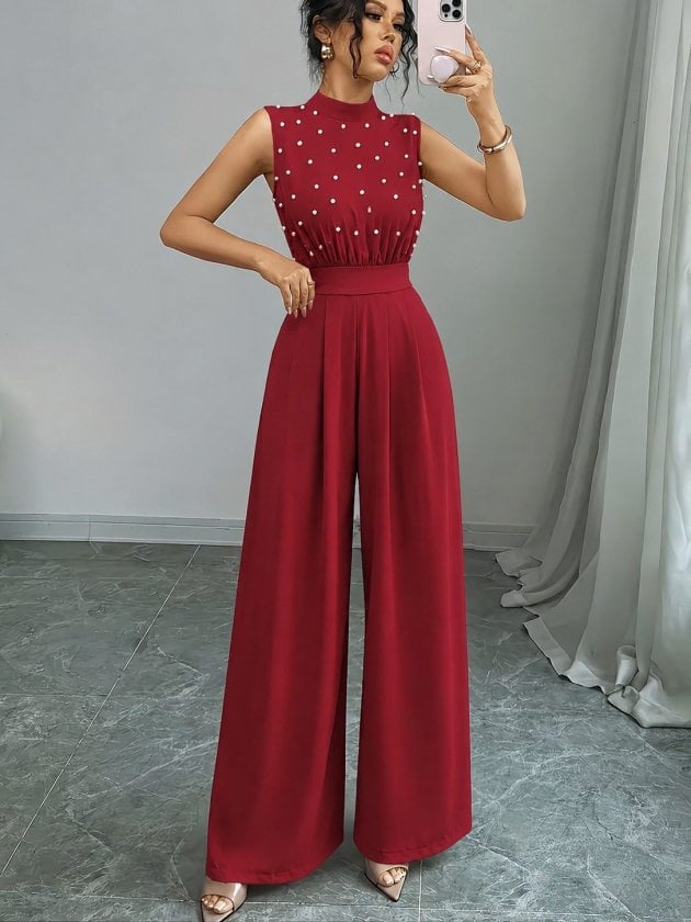 Women's Sleeveless Mock Neck Pearl Embellished Wide-Leg Jumpsuit - Janes - by Peralane - photo 2