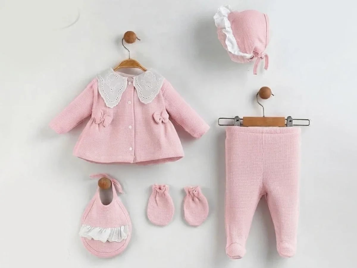 Lace Collar 5-Piece Baby Girl Hospital Exit Set in Pink - Zipir - by Peralane