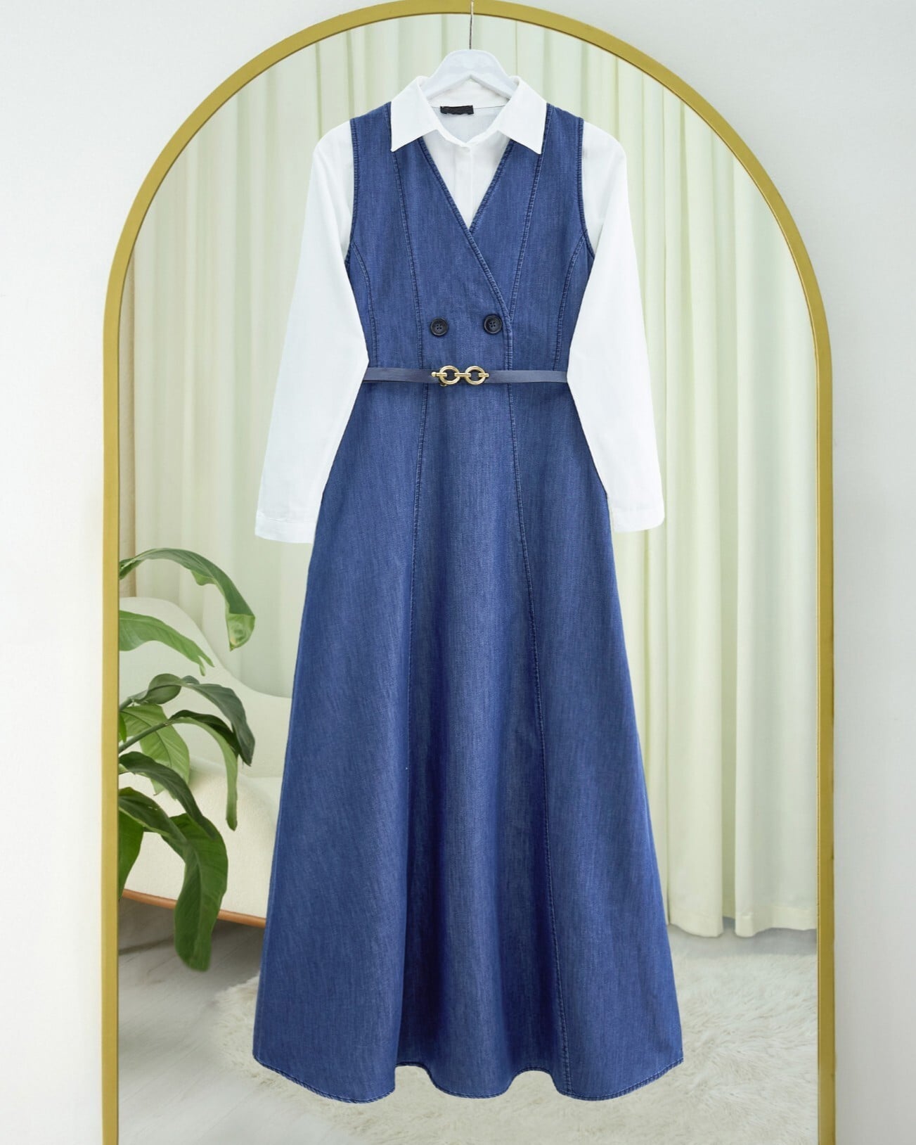 Double-Breasted Belted Denim Jumpsuit - Indigo - Podyumplus - by Peralane - photo 3