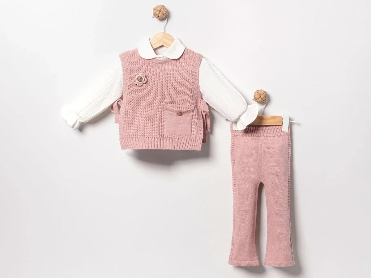 Girls' Knit Set with Vest - Powder Pink - Eymus - by Peralane