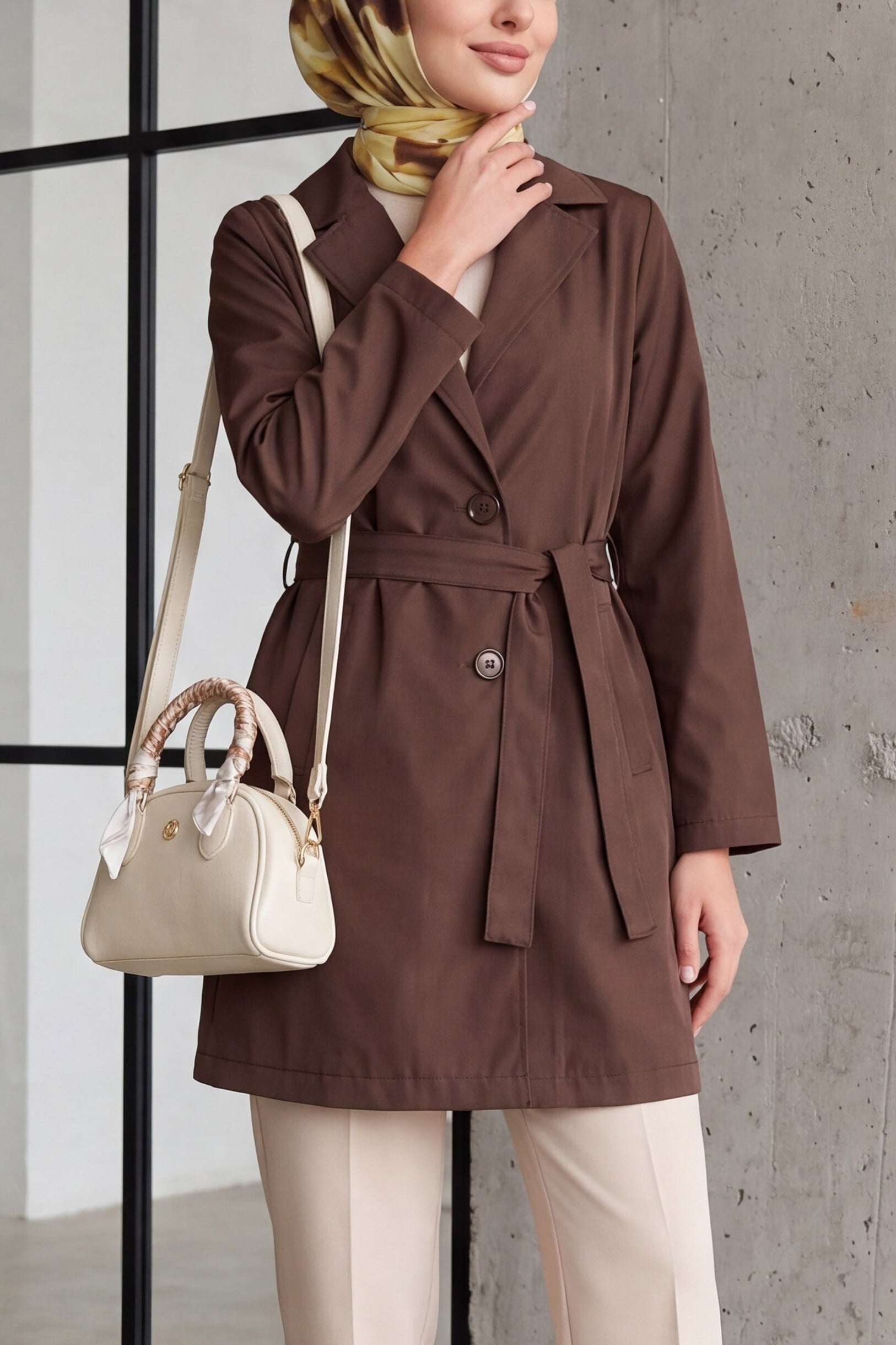 Women's Belted Short Trench Coat 5990 - Brown - Bigdart - by Peralane