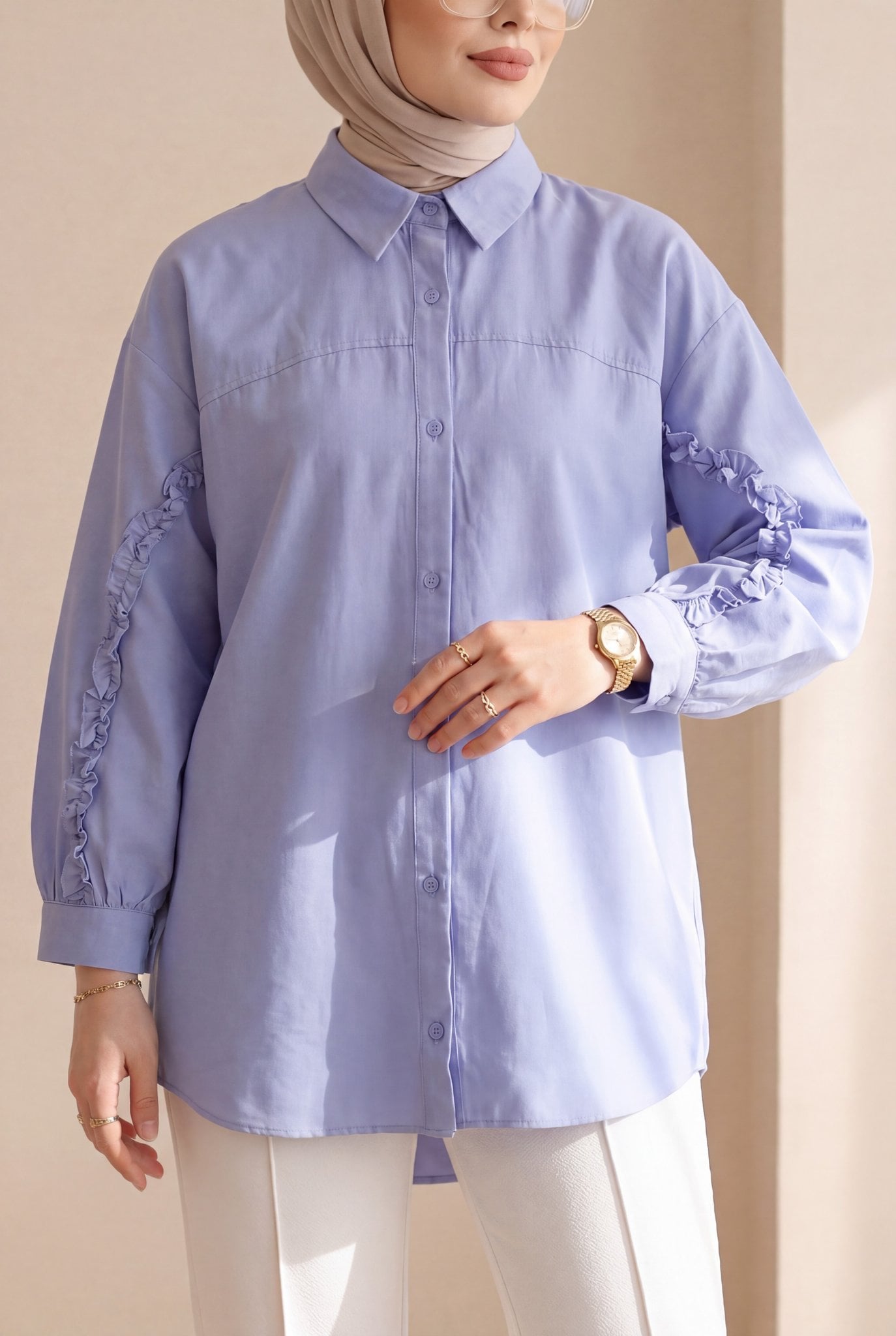 Ruffled Sleeve Button Poplin Shirt - Baby Blue - Podyumplus - by Peralane - photo 6