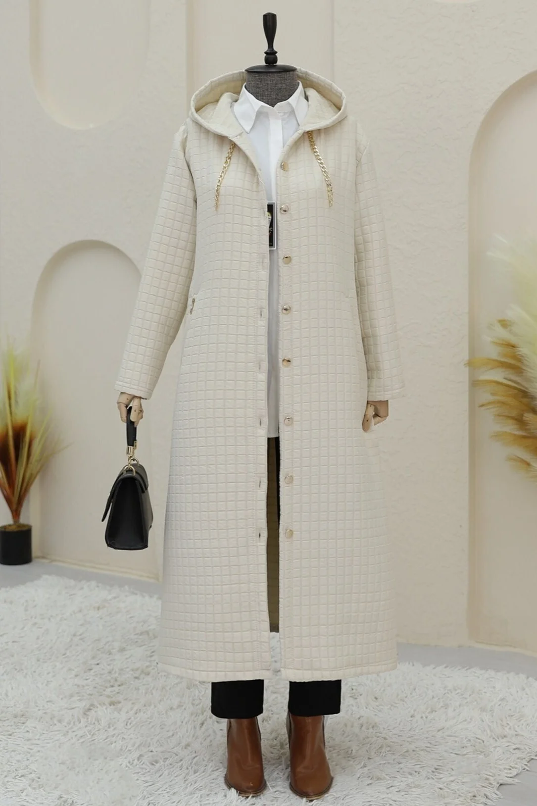 Chain Detail Long Quilted Coat - Stone - Podyumplus - by Peralane - photo 4
