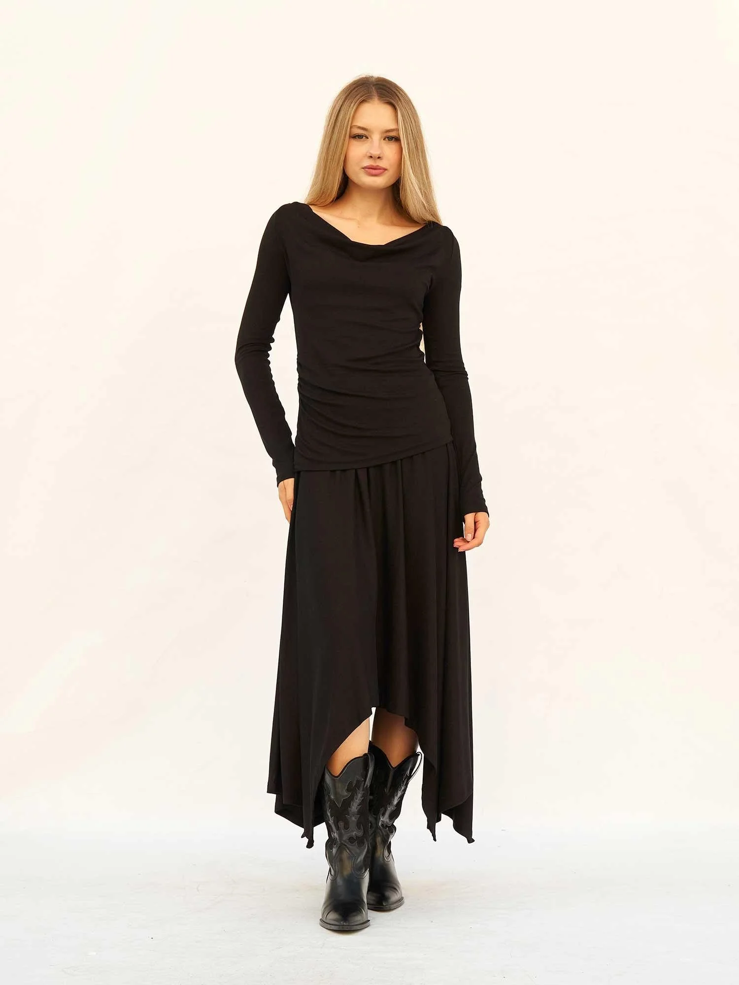 Black Knit Co-ord Set with Drape Detail Midi Skirt - Lefon - by Peralane