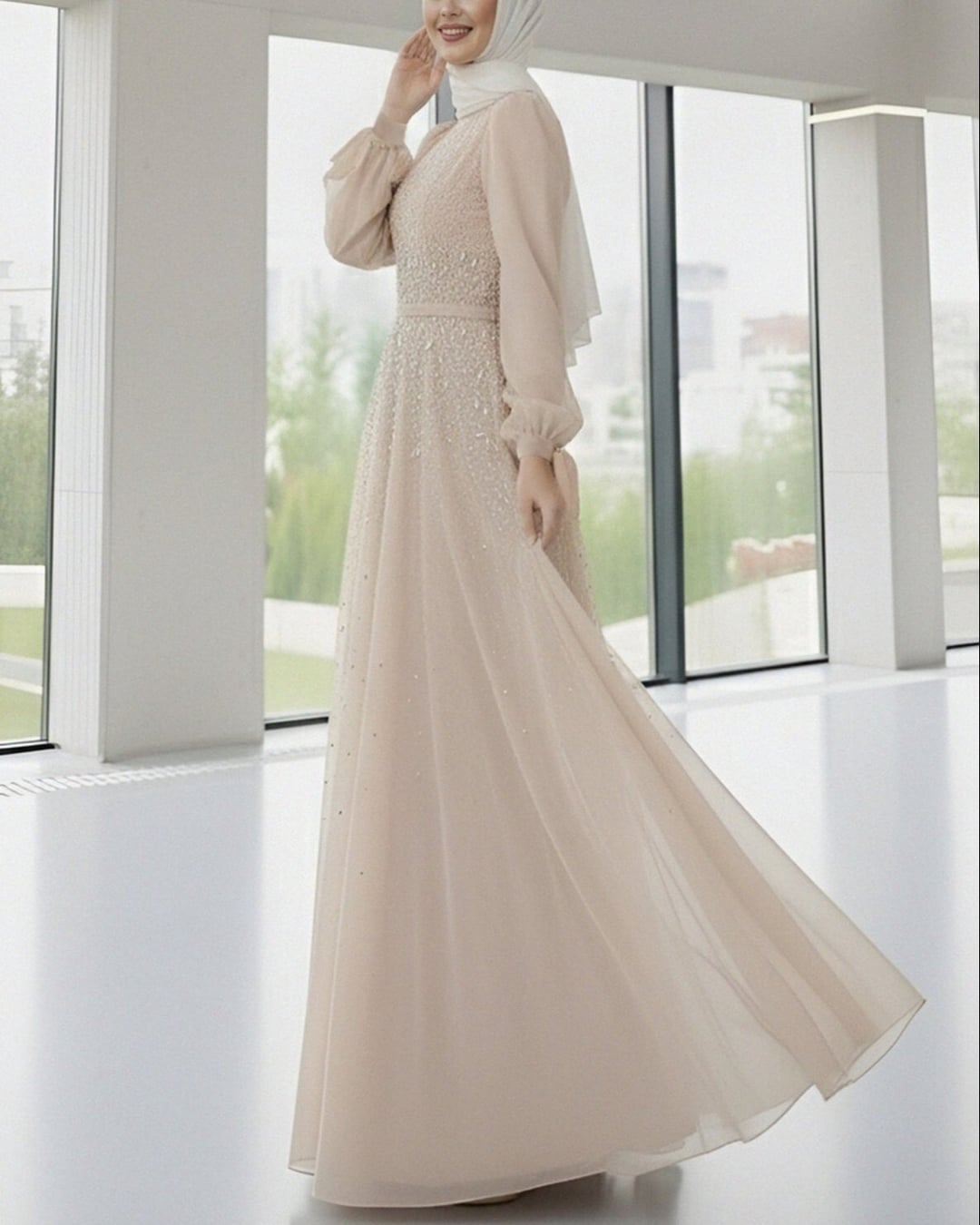 Beaded High Neck Evening Dress with Sheer Sleeves - Beige - Podyumplus - by Peralane - photo 2