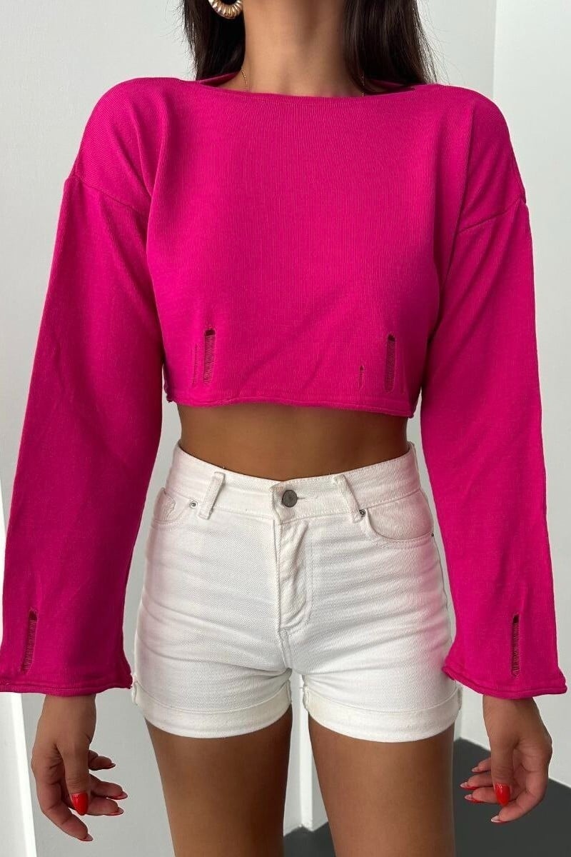Fuchsia Ribbed Knit Crop Sweatshirt with Boat Neck - Podyumplus - by Peralane - photo 3