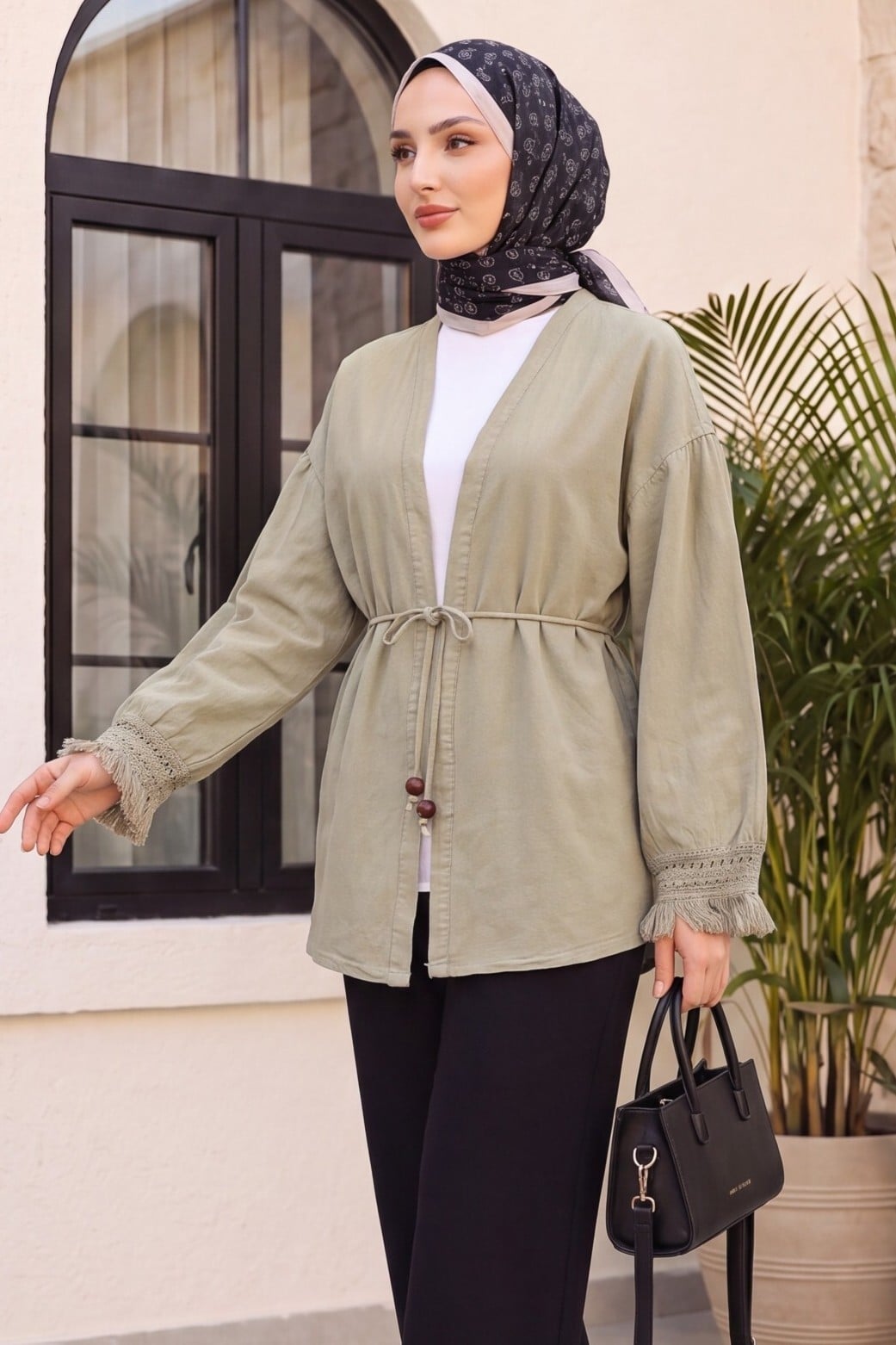 Fringed Sleeve Belted Linen Kimono - Mink - Podyumplus - by Peralane - photo 5