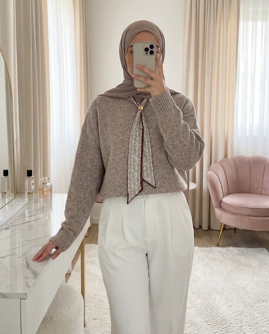 Scarf Detail Soft Knit Sweater - Light Beige - Podyumplus - by Peralane - photo 2