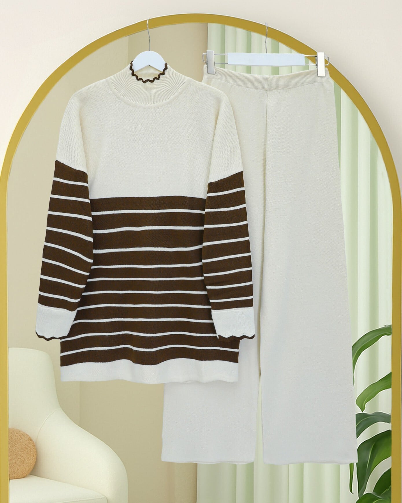 Women's Half-Neck Striped Knit Lounge Set - Brown - Podyumplus - by Peralane - photo 3
