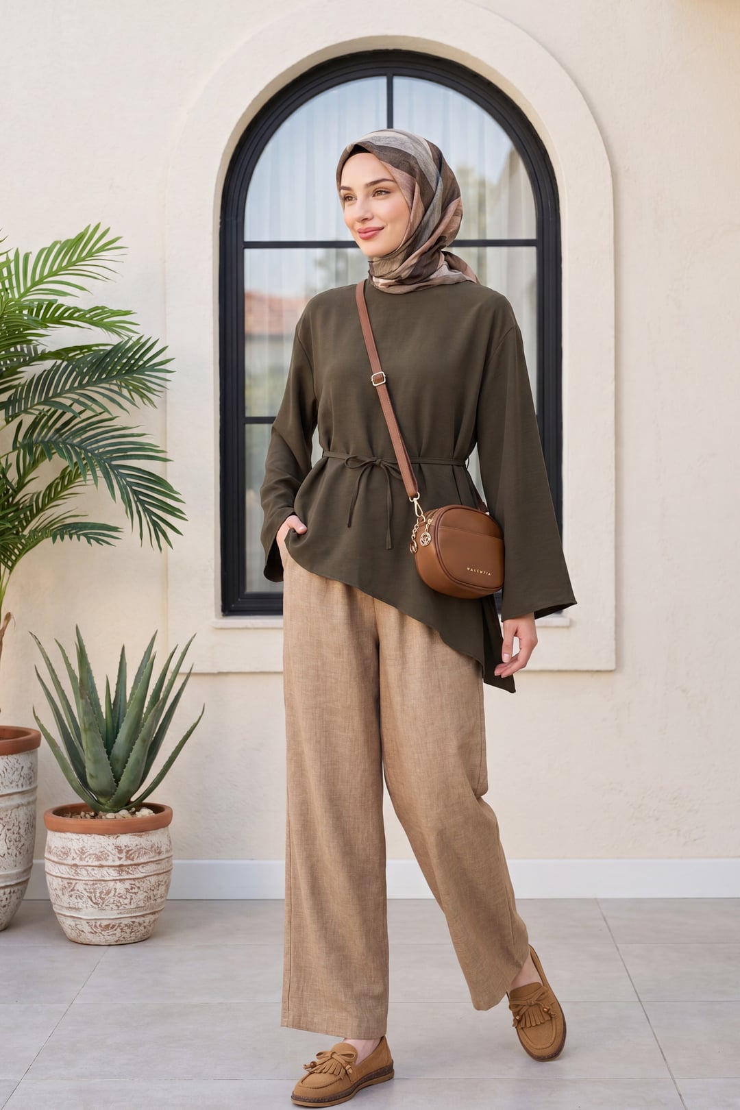 Sofia Linen-Look Drawstring Wide-Leg Trousers - Cinnamon - Podyumplus - by Peralane - photo 3