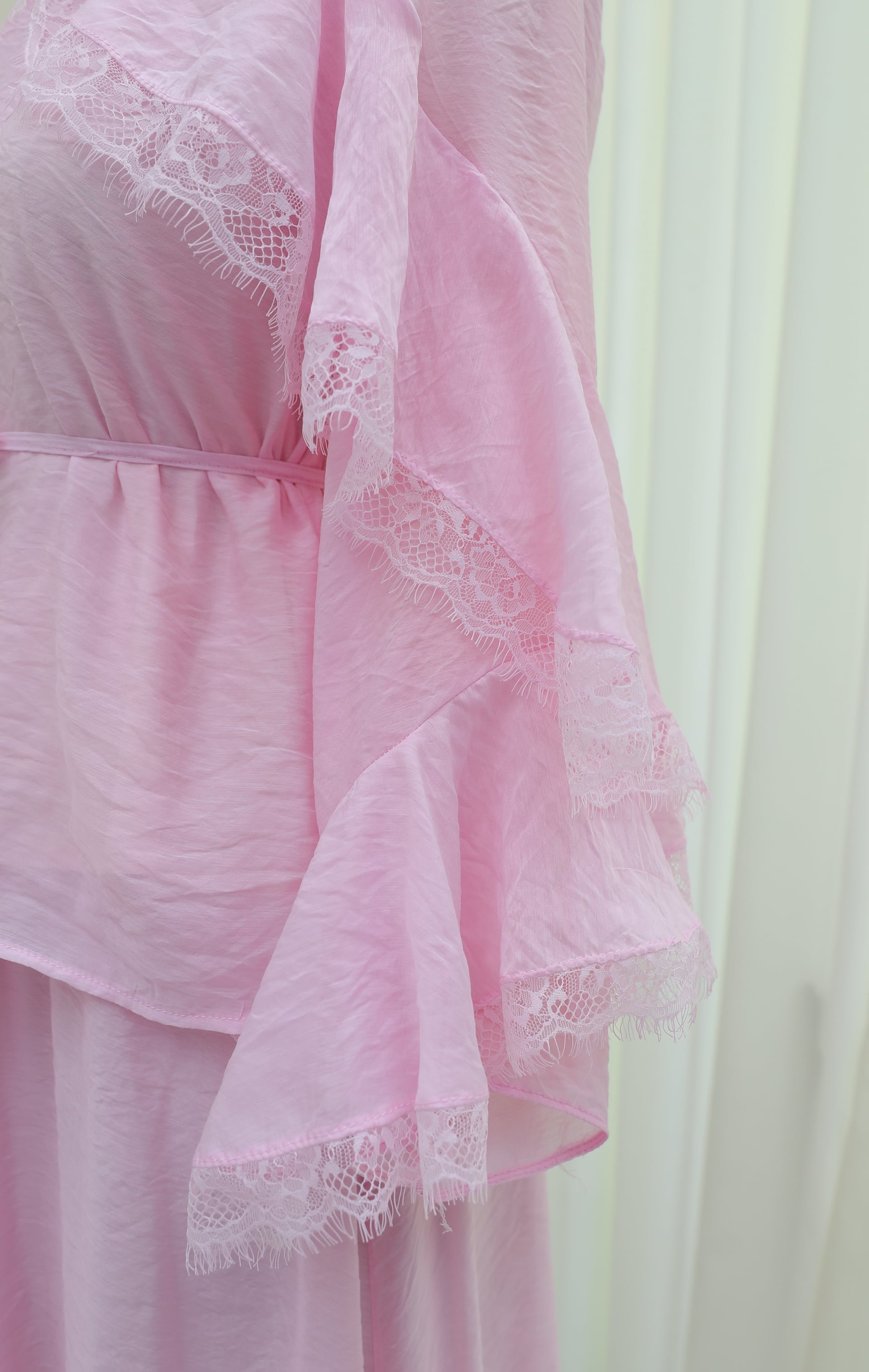 Lace Detail Spanish Sleeve Lined Belted Tulle Voile Skirt Set - Pink - Podyumplus - by Peralane - photo 7